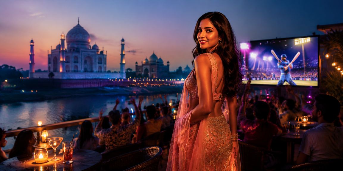 Players enjoying live IPL cricket betting with lively scene near Taj Mahal, Agra