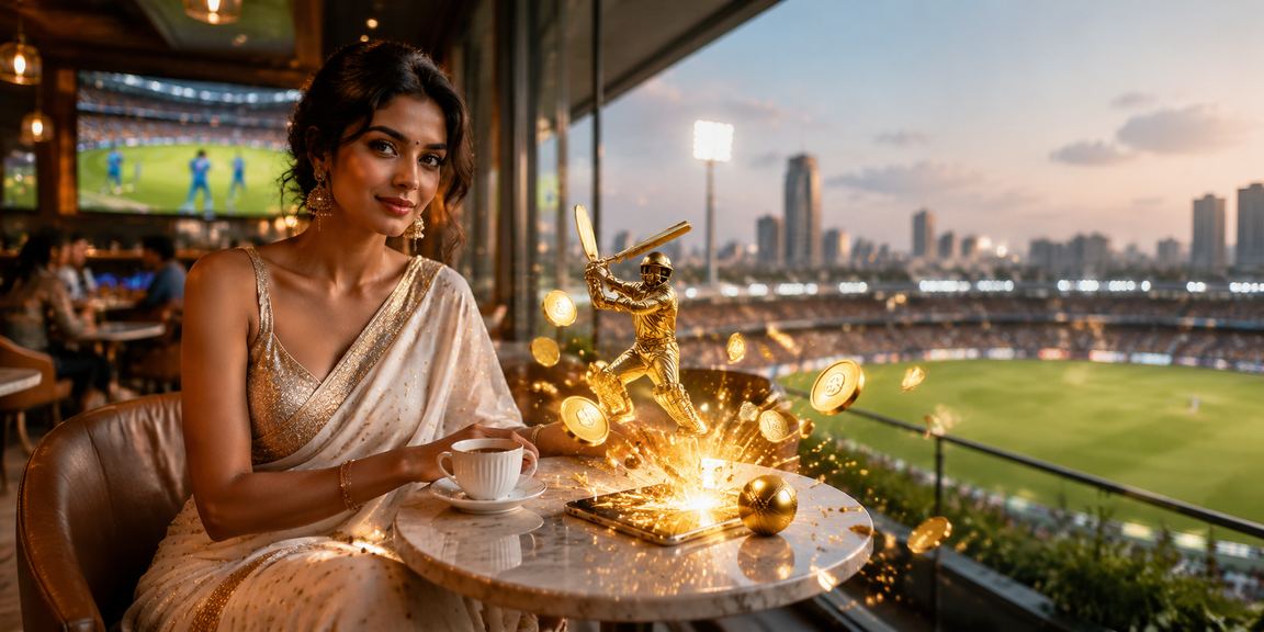 Female player in traditional saree participating in Aviator gaming and cricket betting